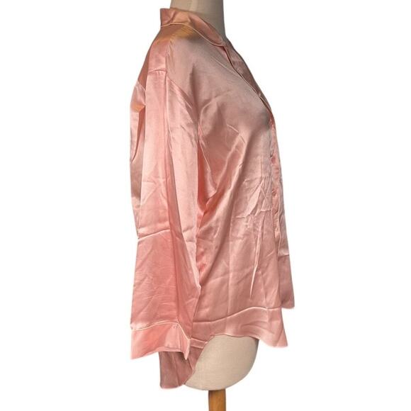 Nordstrom 100% Silk Small Long Back Pajama Top Long Sleeve Baby Pink White Trim - Picture 5 of 13